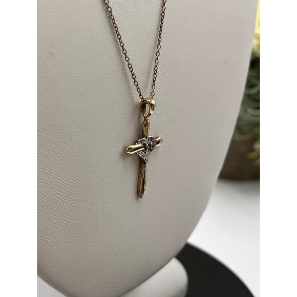 RJ Sterling Silver Vermeil Diamond Heart Cross Pendant Cable Chain Necklace - Picture 6 of 7
